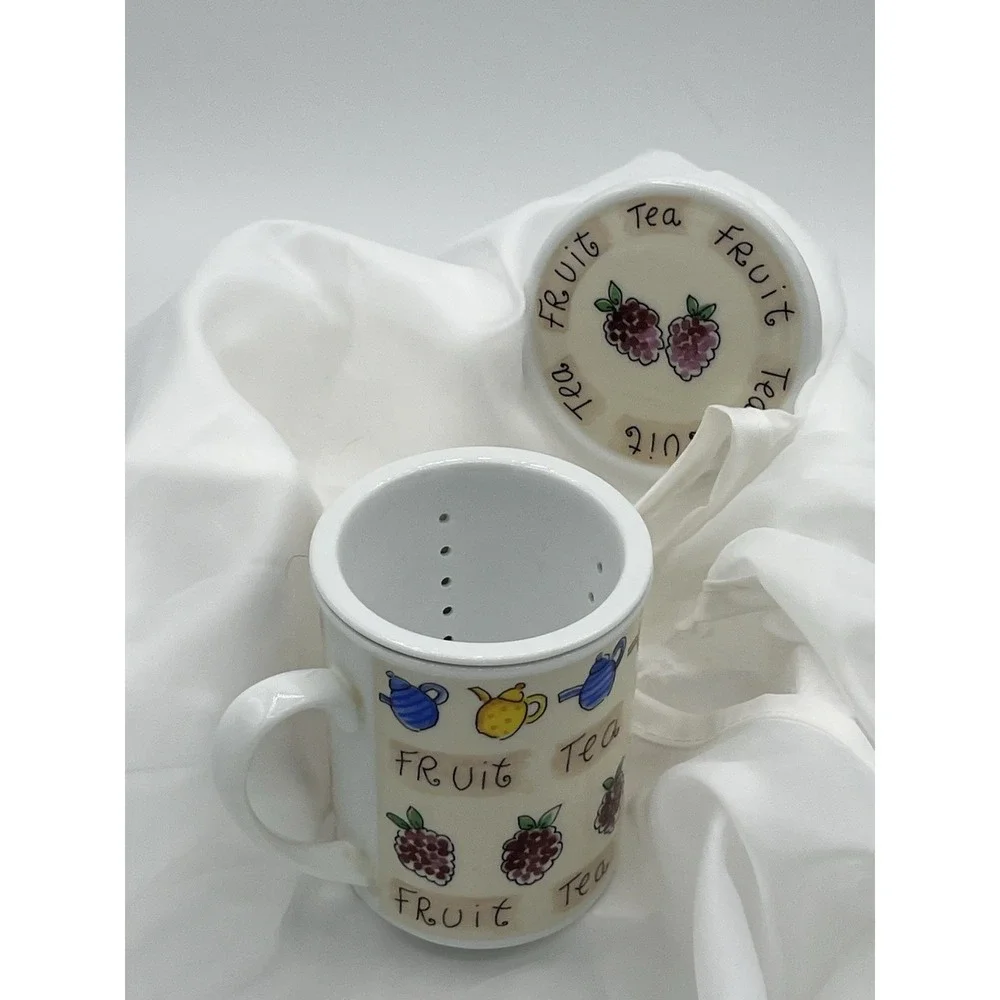 Vintage Ceramic Fruit Tea Mug with Lid Hand Painted Blackberry & Teapot Motif